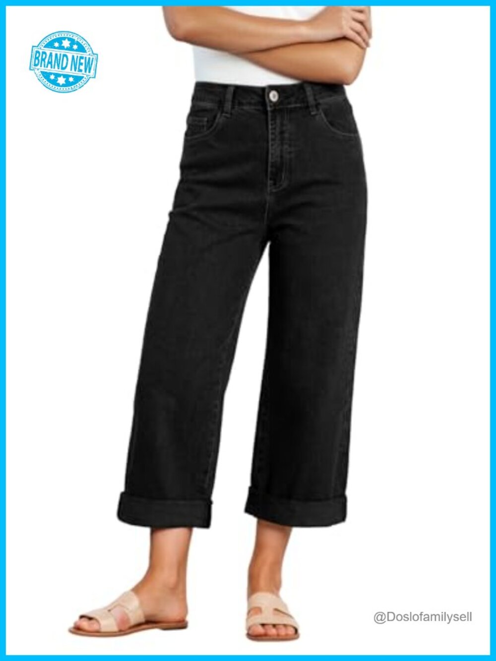 High Waisted Wide Leg Cropped Capri Jeans Rolled Hem Denim Pants